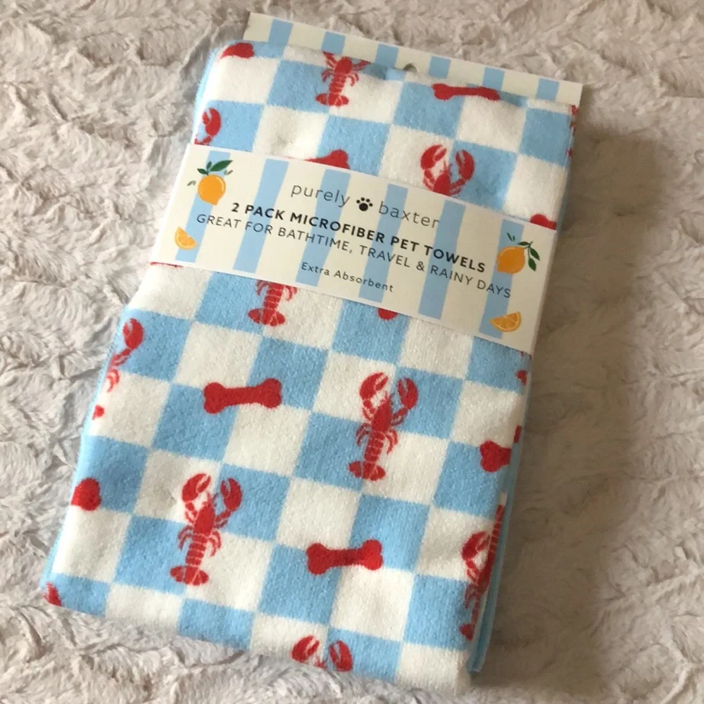 Purely Baxter Blue & White Check Microfiber Pet Towels with Red Lobster Print